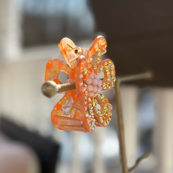 Handmade Orange Flower, Rhinestone Hair Clip - Picture 4 of 5